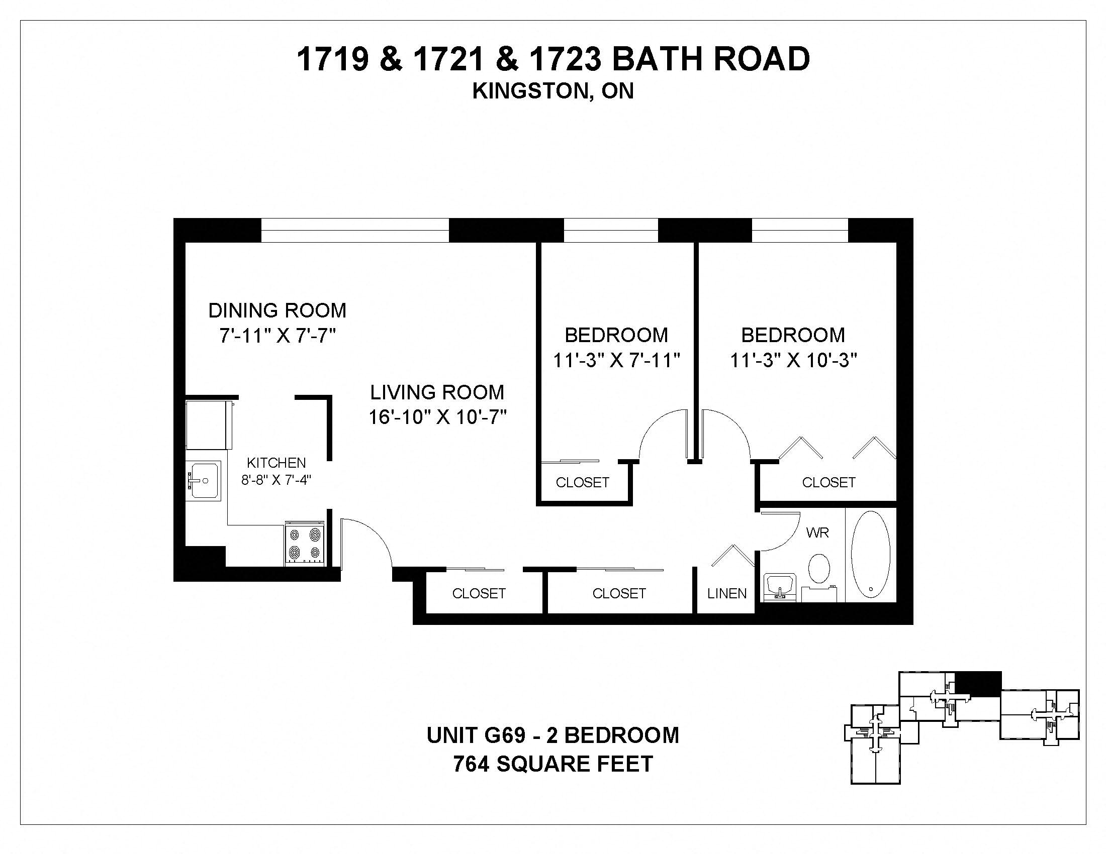 Floor plan for 2 beds, 1 bath, 764 sqft